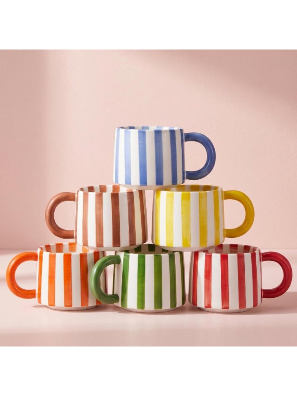 Set of 6 Colorful Striped Ceramic Espresso Mugs - 8 oz Coffee Cups